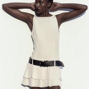 Zara Cream Sleeveless Tiered Mini Dress with Black Belt